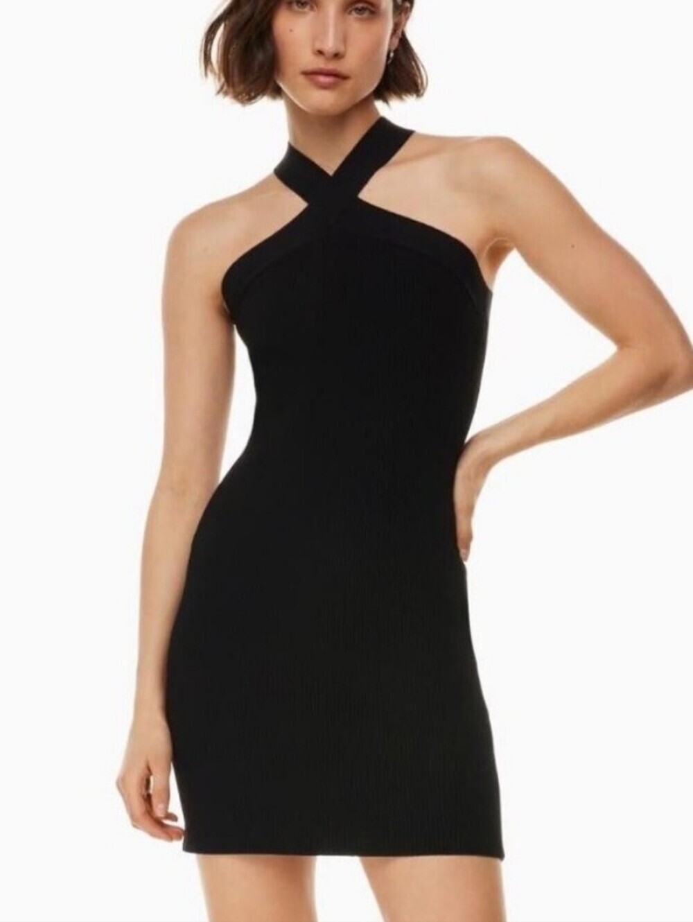 Babaton Aritzia Criss Cross Neck Ribbed Black Mini Dress Small - Picture 2 of 8